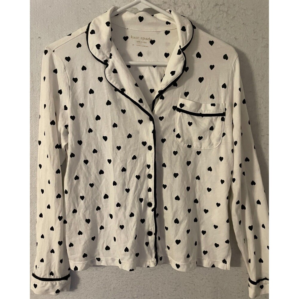 Kate Spade Pajama top Size XS long sleeve Cotton modal white black heart Pocket